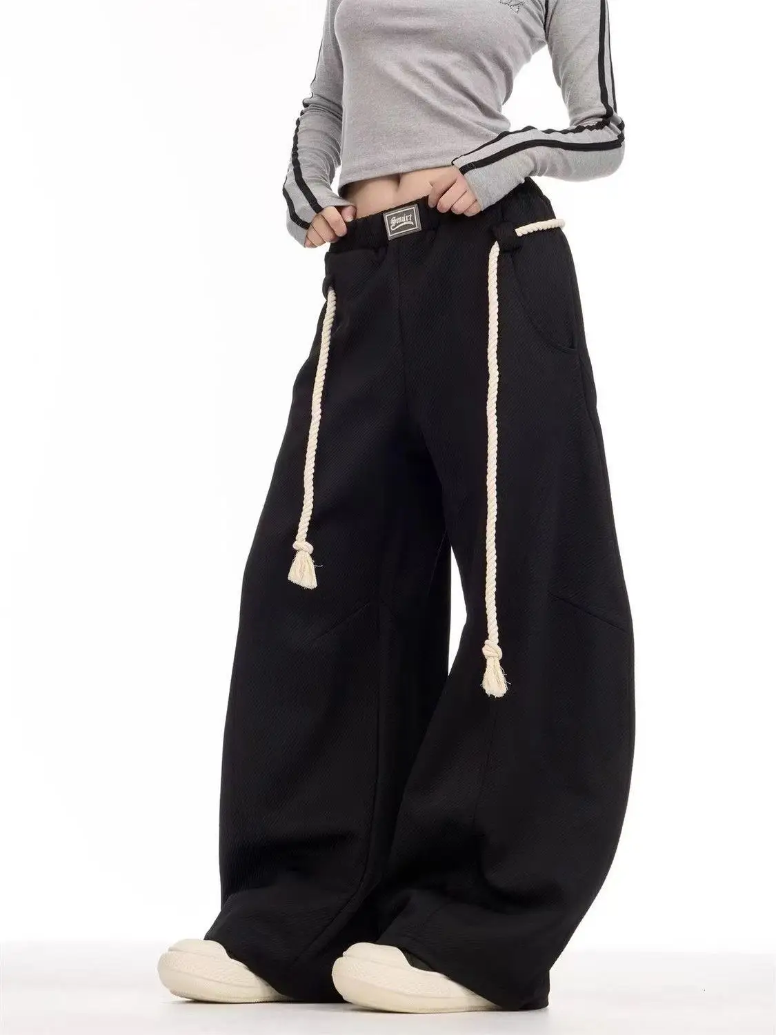 Black Drawstring Casual Pants Women Street Retro Harajuku Loose Cross Legged High Waist Slim Solid Color Sports Straight Pants