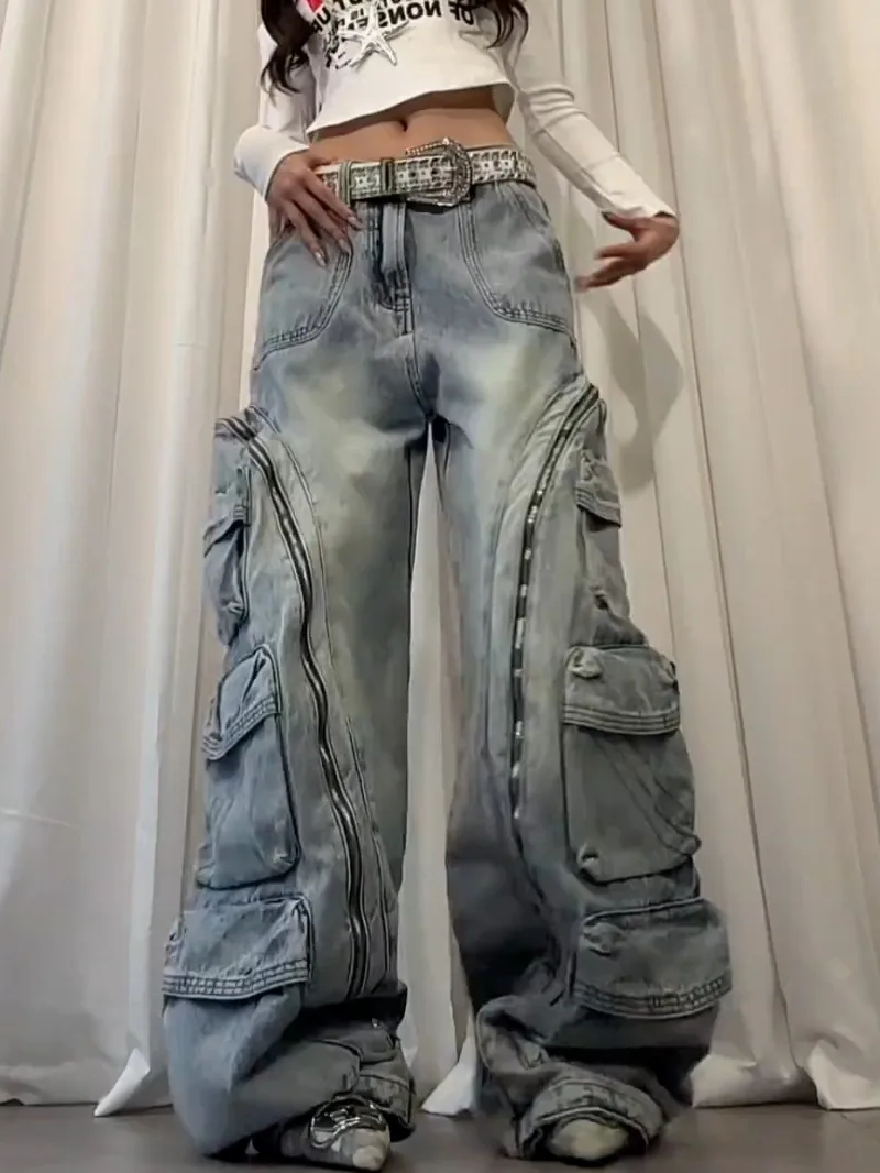 American New Fashion Retro Plus Size Washed Multi-pocket Overalls Jeans Women Y2K Street Straight BAGGY Wide Leg Drop Pants Tide
