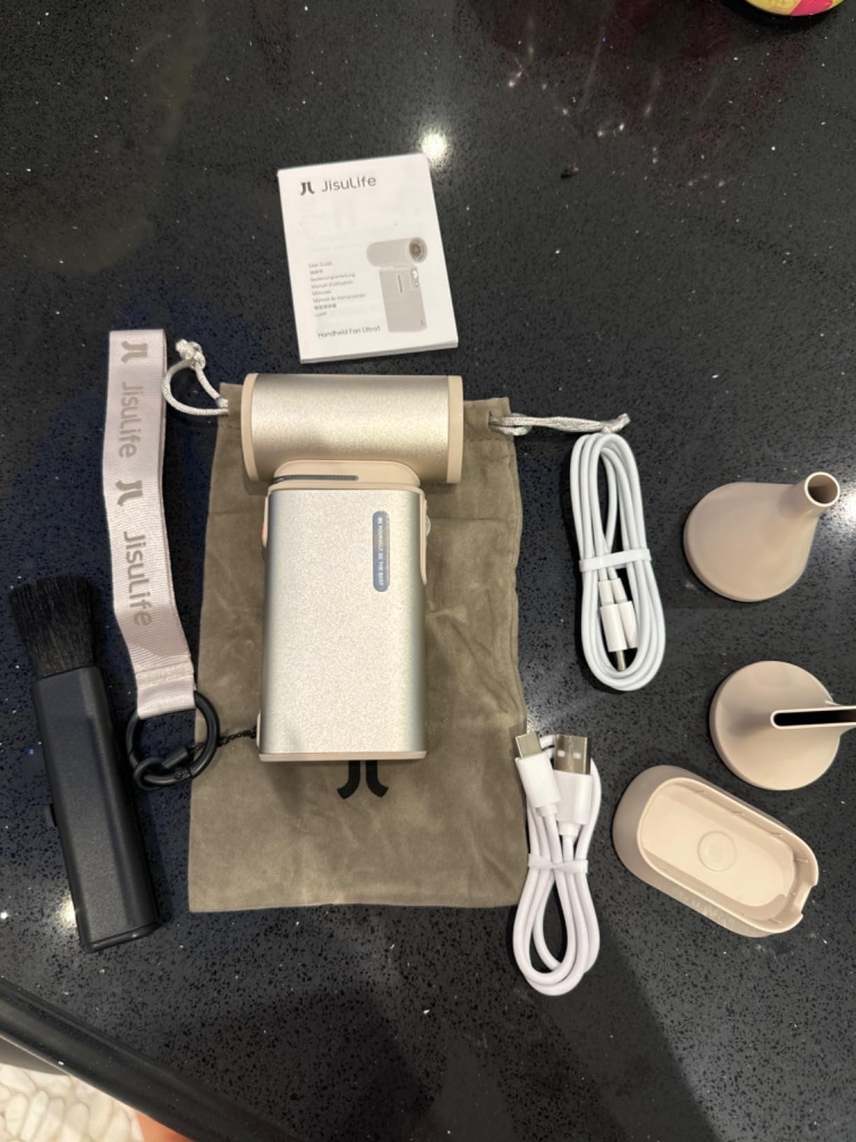 JISULIFE Portable Handheld Turbo Fan. 100 Speeds Adjustable Mini Personal Fan. 9000mAh USB Rechargeable Battery Operated. LED Display. Metal Shell with Accessories Gifts for Men Women Travel- Grey photo review