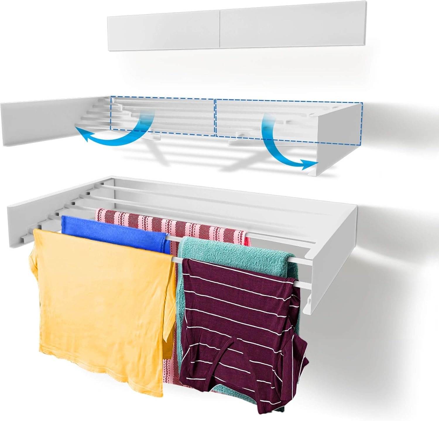 Step Up Laundry Drying Rack (28-INCH White). Wall Mounted. Retractable Clothes Drying Rack. 40lbs Capacity. 11.6 Linear Ft. with Wall Template and Long Screwdriver Bit