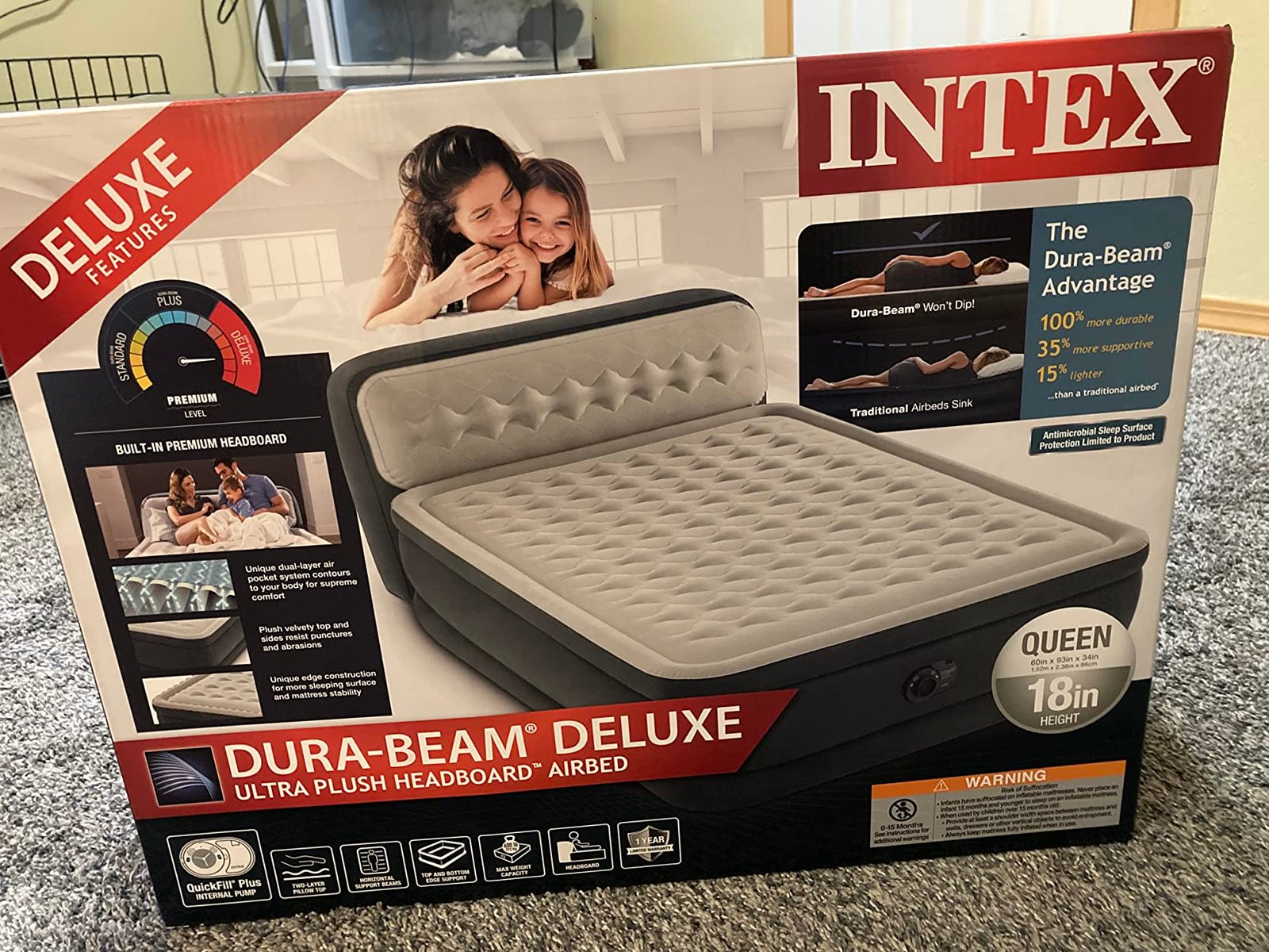 Intex 64447ED Dura-Beam Deluxe Ultra Plush Air Mattress with Headboard: Fiber-Tech – Queen Size – Built-in Electric Pump – 18in Bed Height – 600lb Weight Capacity photo review