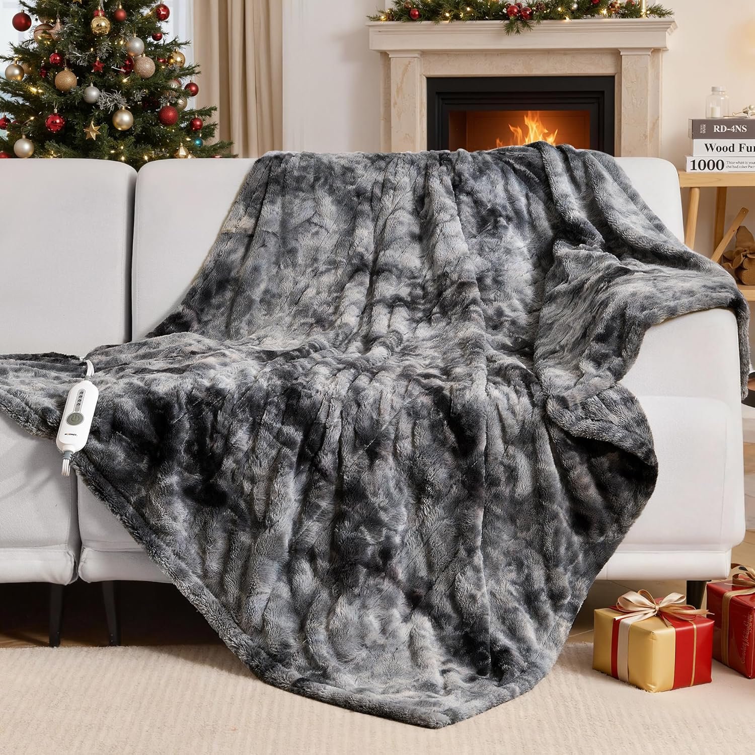 WOOMER Heated Blanket Throw 50 x 60. Electric Blanket Throw with 4 Heating Levels & 4H Auto Off. ETL Certified. Marble Grey Double-Sided Faux Fur. Over-Heat Protect. Machine Washable